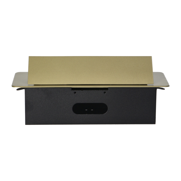 Recessed furniture sockets in a housing with a flat edge and USB charger, 2x2P+E, 2xUSB, brass color