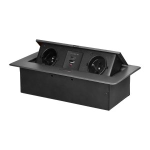 Gniazdo meblowe wpuszczane w blat z płaskim frezowanym rantem i ładowarką USB, 2x2P+Z, 2xUSB (typ A+C; 3,6A), grafitowe