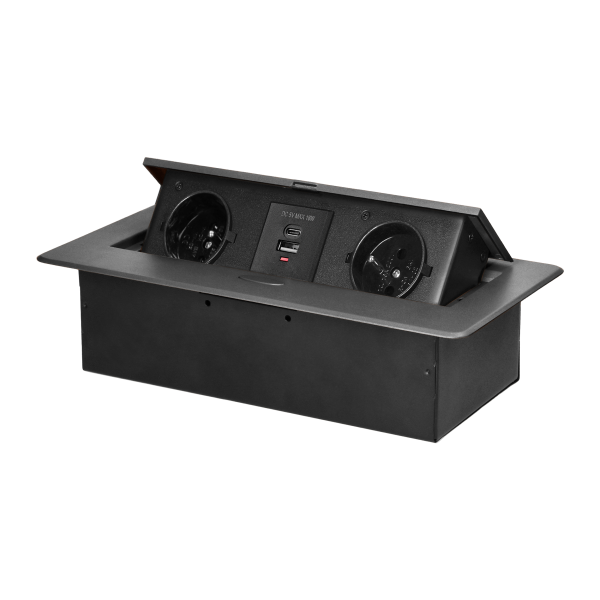 Gniazdo meblowe wpuszczane w blat z płaskim frezowanym rantem i ładowarką USB, 2x2P+Z, 2xUSB (typ A+C; 3,6A), grafitowe