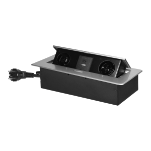 Recessed furniture socket with flat milled edge, USB charger and 1.5m cable, 2x2P+E, 2xUSB (type A+C; 3.6A), silver