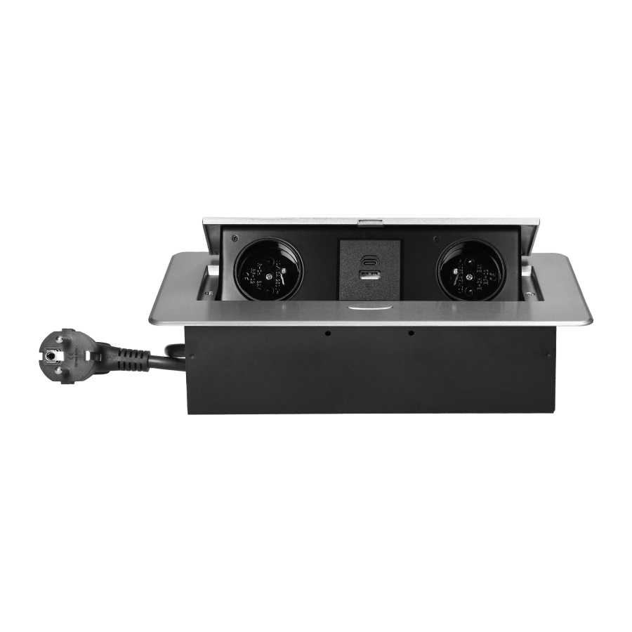 Gniazda meblowe wpuszczane w blat z płaskim frezowanym rantem, ładowarką USB i przewodem 1,5m, 2x2P+Z, 2xUSB (typ A+C; 3,6A), srebrne