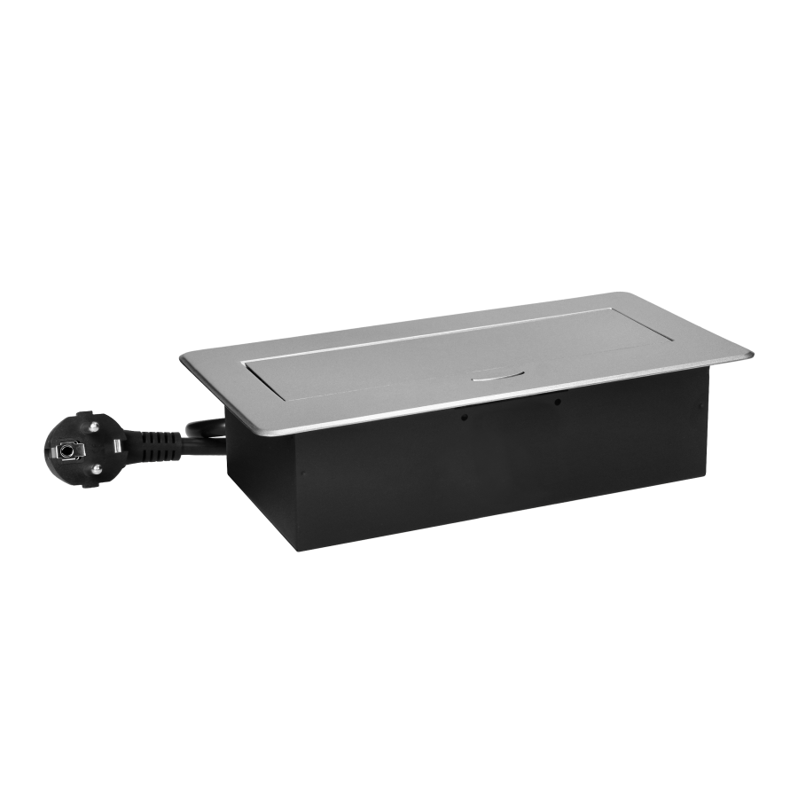 Gniazda meblowe wpuszczane w blat z płaskim frezowanym rantem, ładowarką USB i przewodem 1,5m, 2x2P+Z, 2xUSB (typ A+C; 3,6A), srebrne