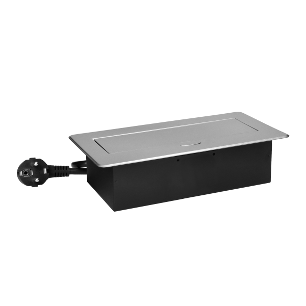 Recessed furniture socket with flat milled edge, USB charger and 1.5m cable, 2x2P+E, 2xUSB (type A+C; 3.6A), silver Recessed furniture socket with flat milled edge, USB charger and 1.5m cable, 2x2P+E, 2xUSB (type A+C; 3.6A), silver