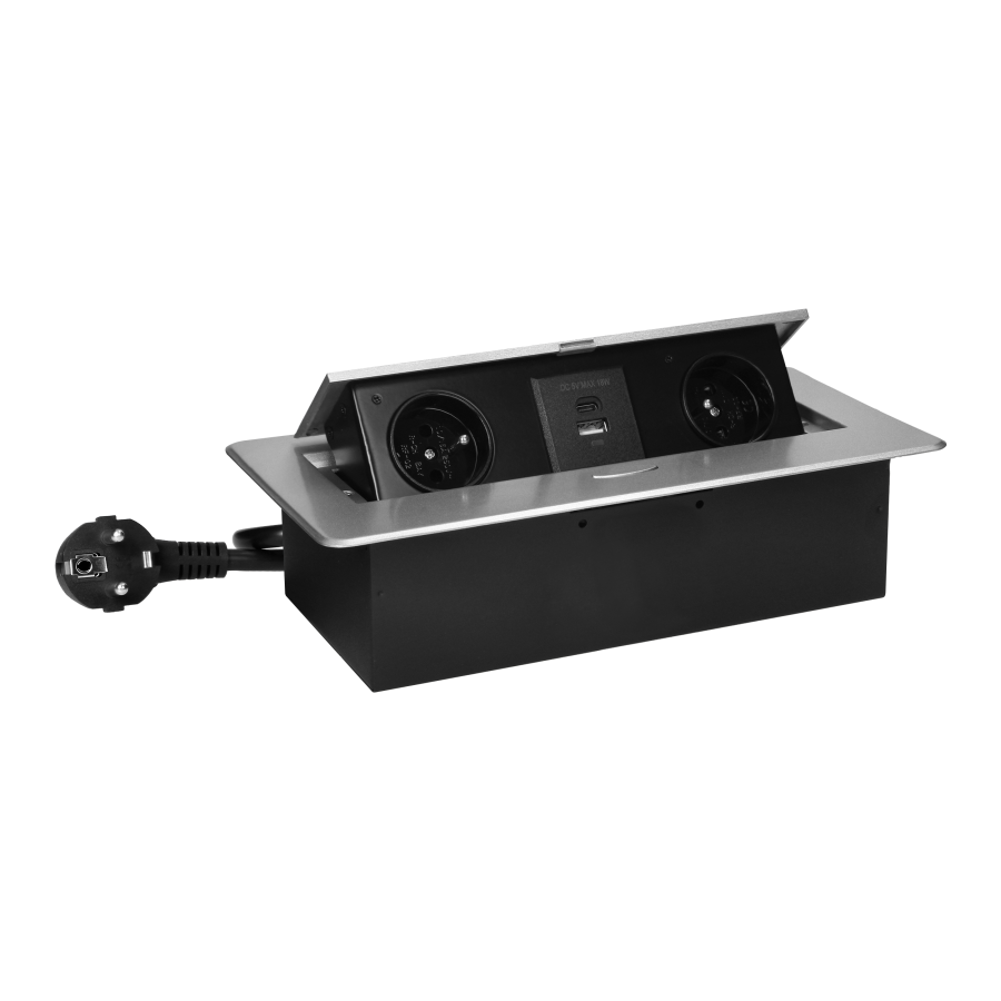 Gniazda meblowe wpuszczane w blat z płaskim frezowanym rantem, ładowarką USB i przewodem 1,5m, 2x2P+Z, 2xUSB (typ A+C; 3,6A), srebrne