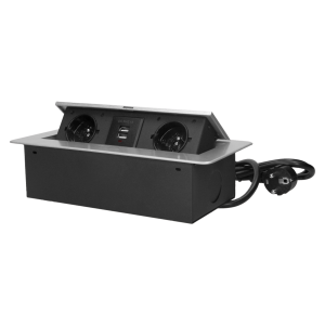 Recessed furniture sockets 2x2P+E with two USB chargers and 3m cable, flat and milled edge, silver