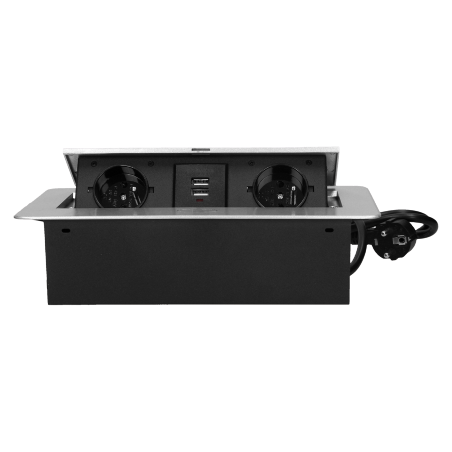 Recessed furniture sockets 2x2P+E with two USB chargers and 3m cable, flat and milled edge, silver