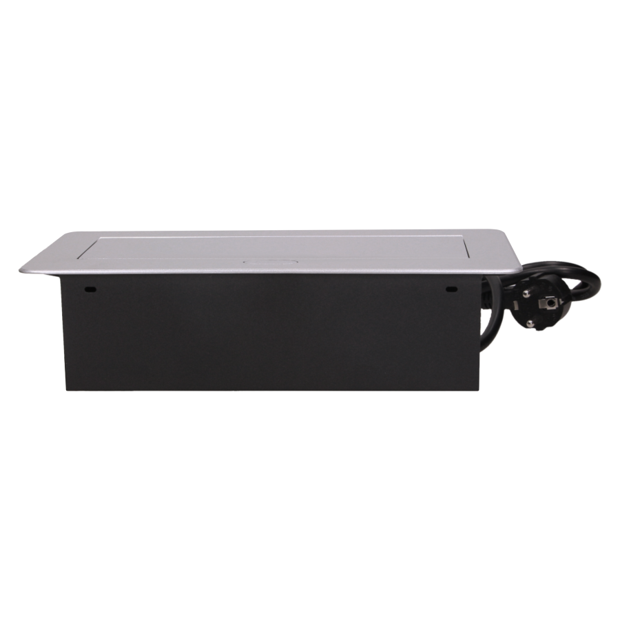 Gniazdo meblowe wpuszczane w blat z płaskim frezowanym rantem, ładowarką USB i przewodem 3m, 2x2P+Z, 2xUSB, srebrne