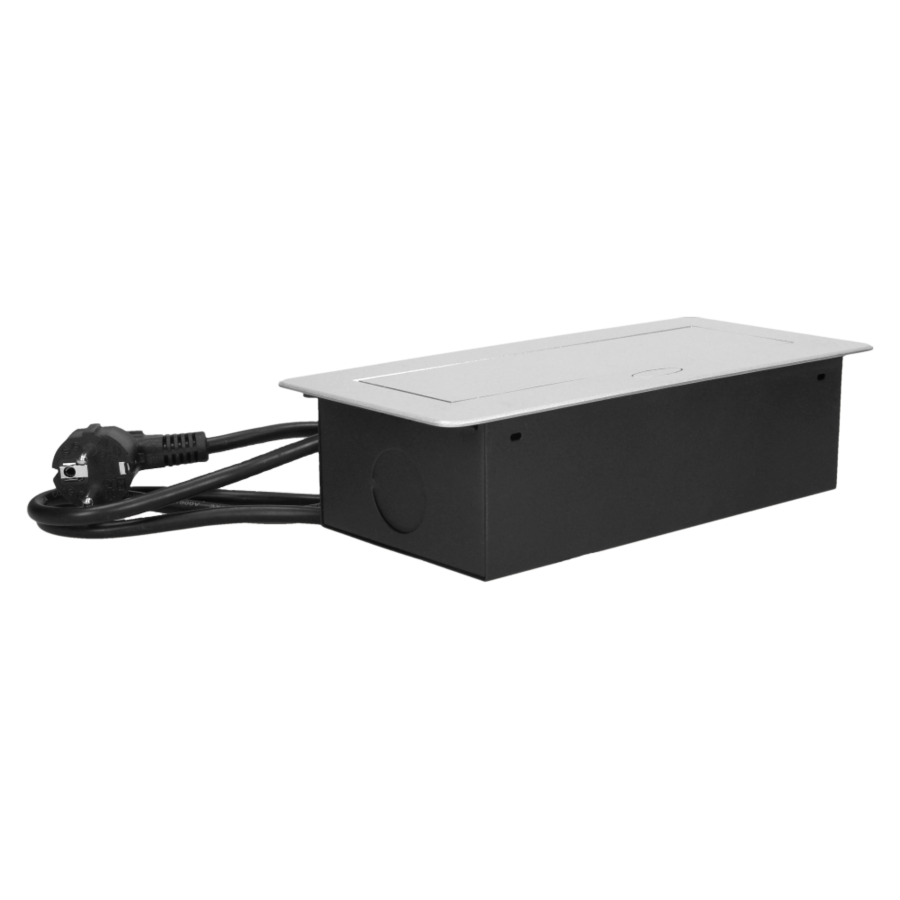 Gniazdo meblowe wpuszczane w blat z płaskim frezowanym rantem, ładowarką USB i przewodem 3m, 2x2P+Z, 2xUSB, srebrne