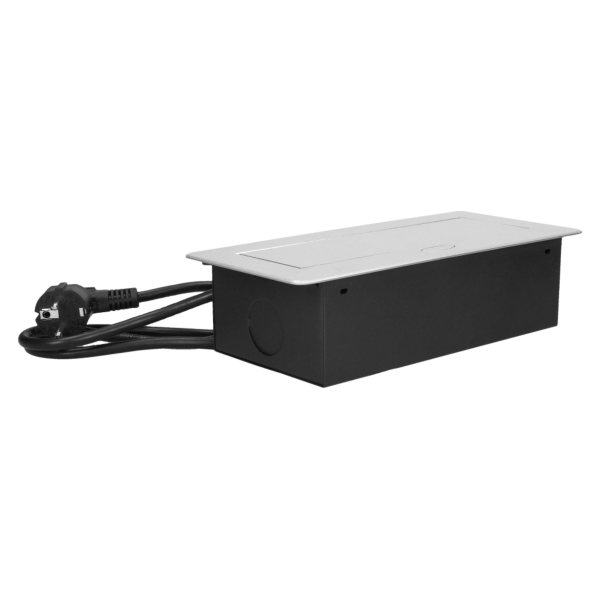 Recessed furniture sockets 2x2P+E with two USB chargers and 3m cable, flat and milled edge, silver