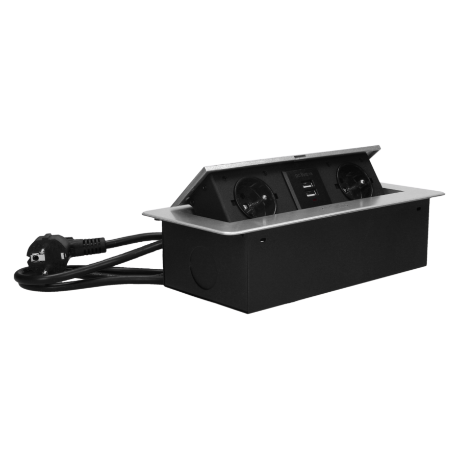 Gniazdo meblowe wpuszczane w blat z płaskim frezowanym rantem, ładowarką USB i przewodem 3m, 2x2P+Z, 2xUSB, srebrne