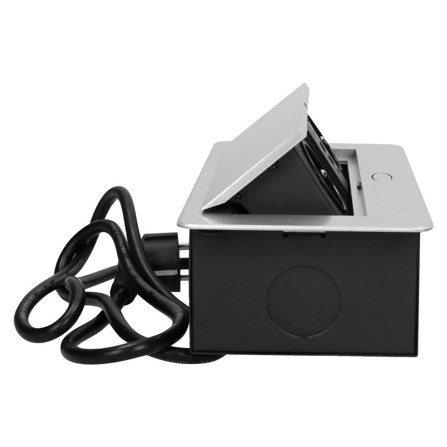 Gniazdo meblowe wpuszczane w blat z płaskim frezowanym rantem, ładowarką USB i przewodem 3m, 2x2P+Z, 2xUSB, srebrne