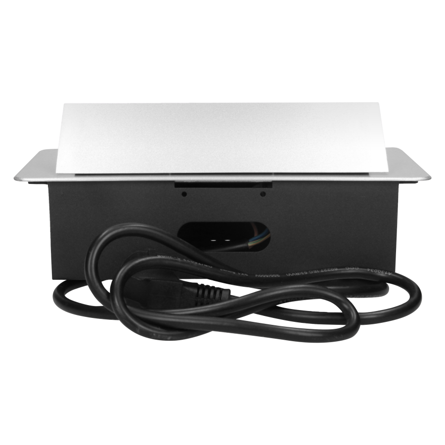 Gniazdo meblowe wpuszczane w blat z płaskim frezowanym rantem, ładowarką USB i przewodem 3m, 2x2P+Z, 2xUSB, srebrne