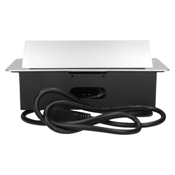 Gniazdo meblowe wpuszczane w blat z płaskim frezowanym rantem, ładowarką USB i przewodem 3m, 2x2P+Z, 2xUSB, srebrne