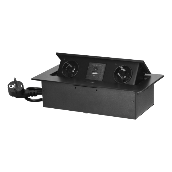 Gniazda meblowe wpuszczane w blat z płaskim frezowanym rantem, ładowarką USB i przewodem 1,5m, 2x2P+Z, 2xUSB (typ A+C; 3,6A), czarne Gniazda meblowe wpuszczane w blat z płaskim frezowanym rantem, ładowarką USB i przewodem 1,5m, 2x2P+Z, 2xUSB (typ A+C; 3,6A), czarne