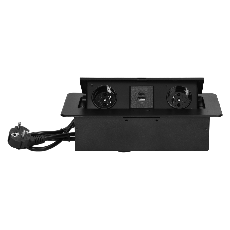 Gniazda meblowe wpuszczane w blat z płaskim frezowanym rantem, ładowarką USB i przewodem 1,5m, 2x2P+Z, 2xUSB (typ A+C; 3,6A), czarne
