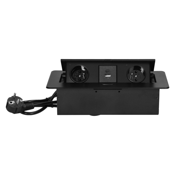 Gniazda meblowe wpuszczane w blat z płaskim frezowanym rantem, ładowarką USB i przewodem 1,5m, 2x2P+Z, 2xUSB (typ A+C; 3,6A), czarne Gniazda meblowe wpuszczane w blat z płaskim frezowanym rantem, ładowarką USB i przewodem 1,5m, 2x2P+Z, 2xUSB (typ A+C; 3,6A), czarne