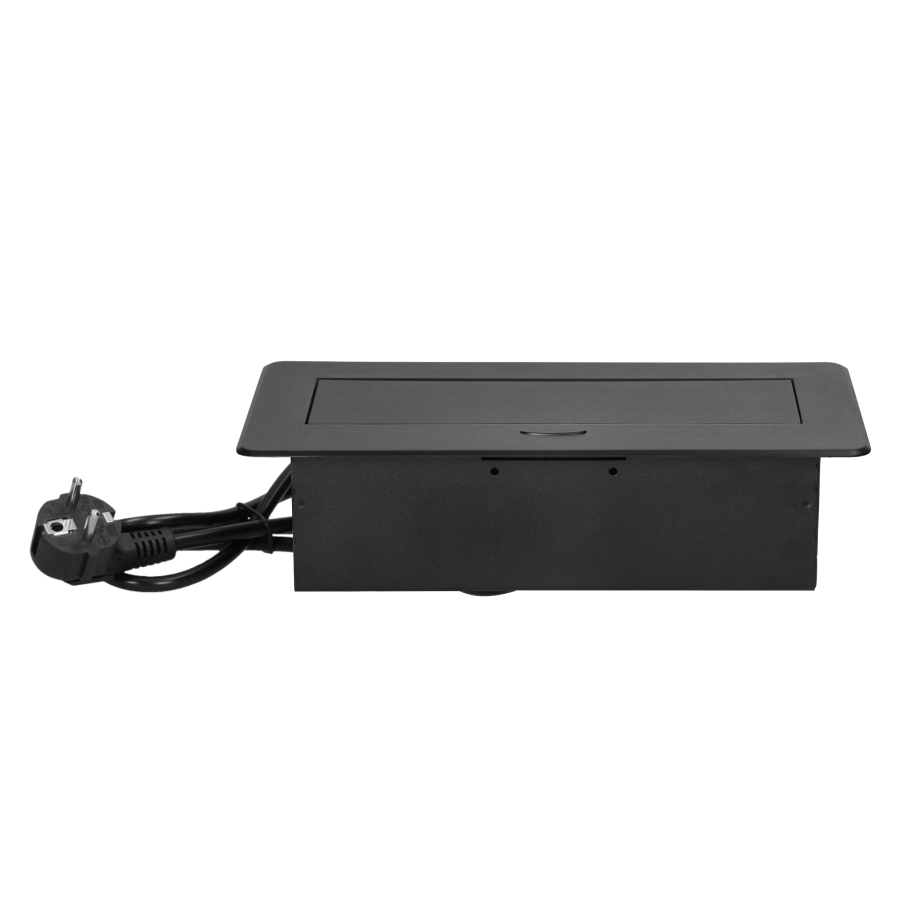 Gniazda meblowe wpuszczane w blat z płaskim frezowanym rantem, ładowarką USB i przewodem 1,5m, 2x2P+Z, 2xUSB (typ A+C; 3,6A), czarne