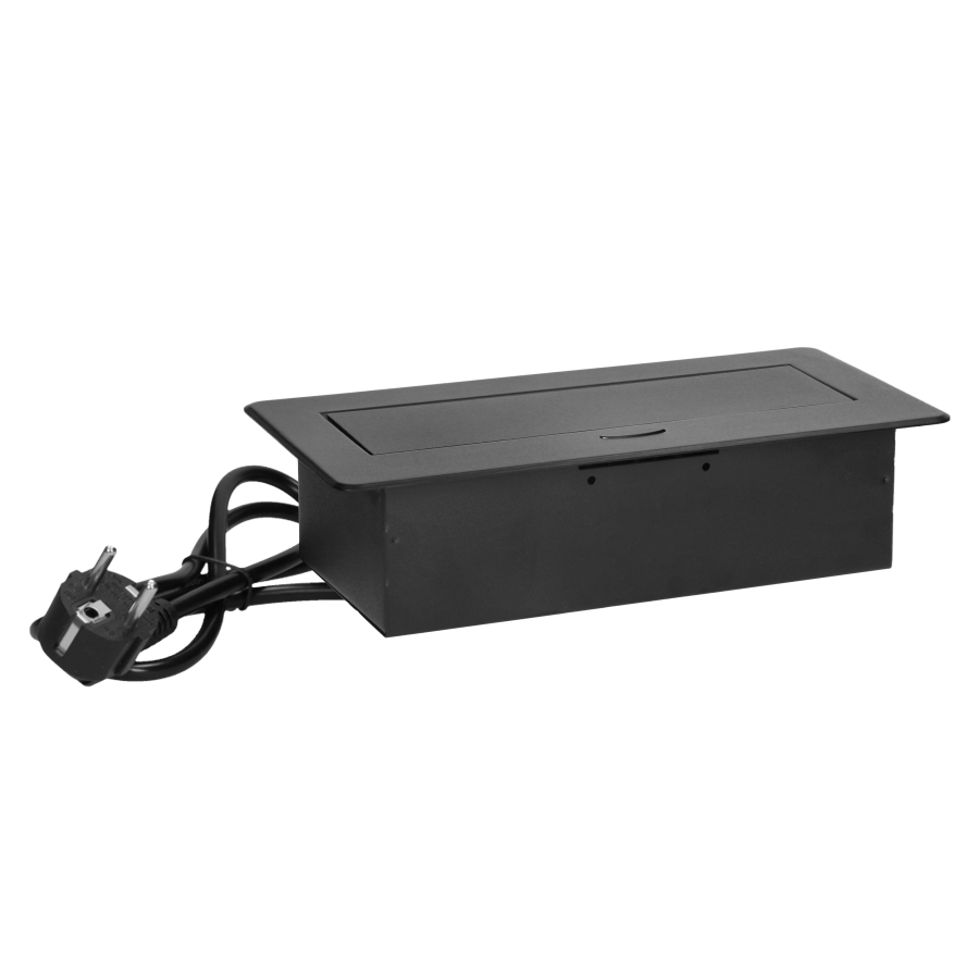 Gniazda meblowe wpuszczane w blat z płaskim frezowanym rantem, ładowarką USB i przewodem 1,5m, 2x2P+Z, 2xUSB (typ A+C; 3,6A), czarne