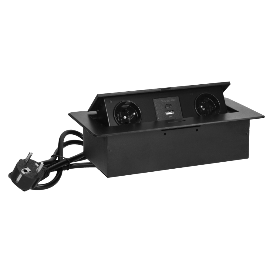 Gniazda meblowe wpuszczane w blat z płaskim frezowanym rantem, ładowarką USB i przewodem 1,5m, 2x2P+Z, 2xUSB (typ A+C; 3,6A), czarne