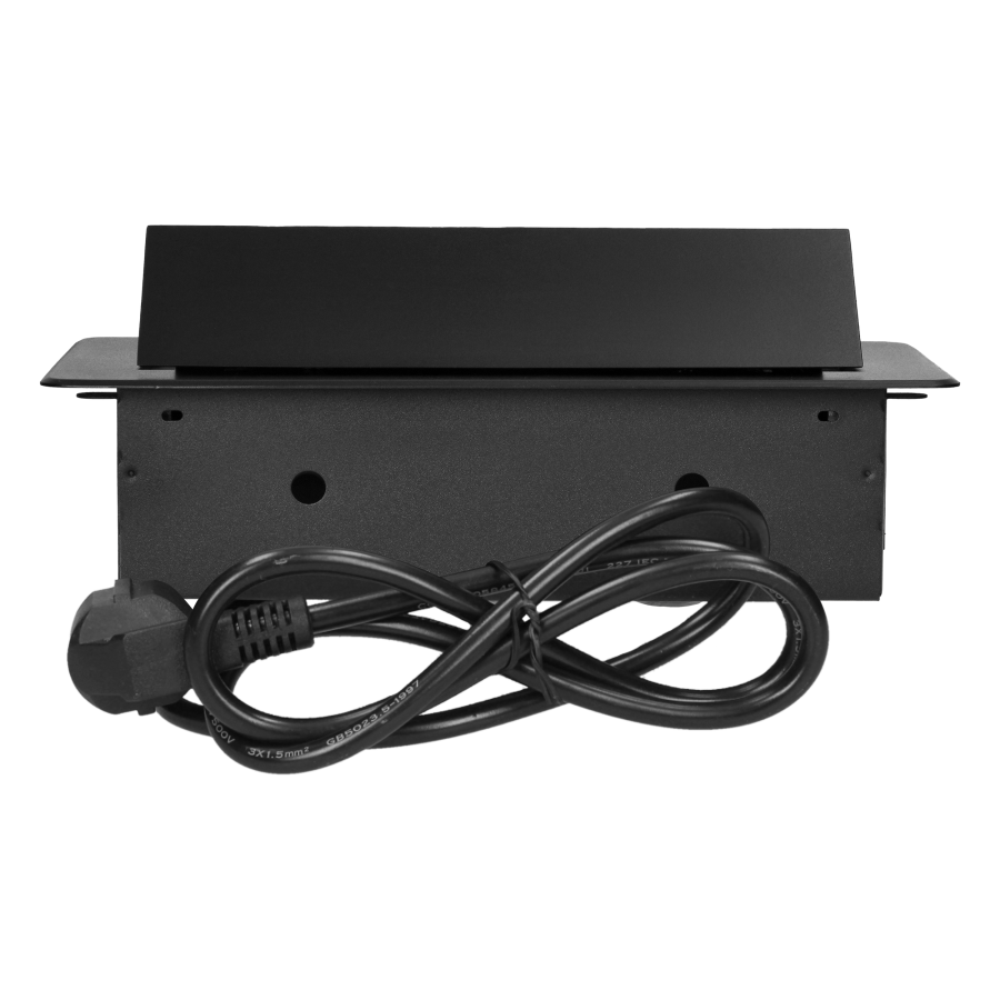 Gniazda meblowe wpuszczane w blat z płaskim frezowanym rantem, ładowarką USB i przewodem 1,5m, 2x2P+Z, 2xUSB (typ A+C; 3,6A), czarne