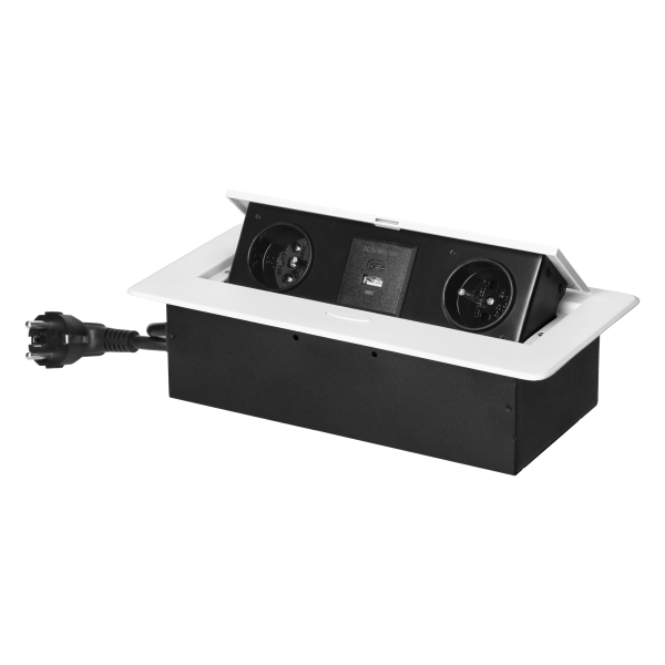Gniazda meblowe wpuszczane w blat z płaskim frezowanym rantem, ładowarką USB i przewodem 1,5m, 2x2P+Z, 2xUSB (typ A+C; 3,6A), białe