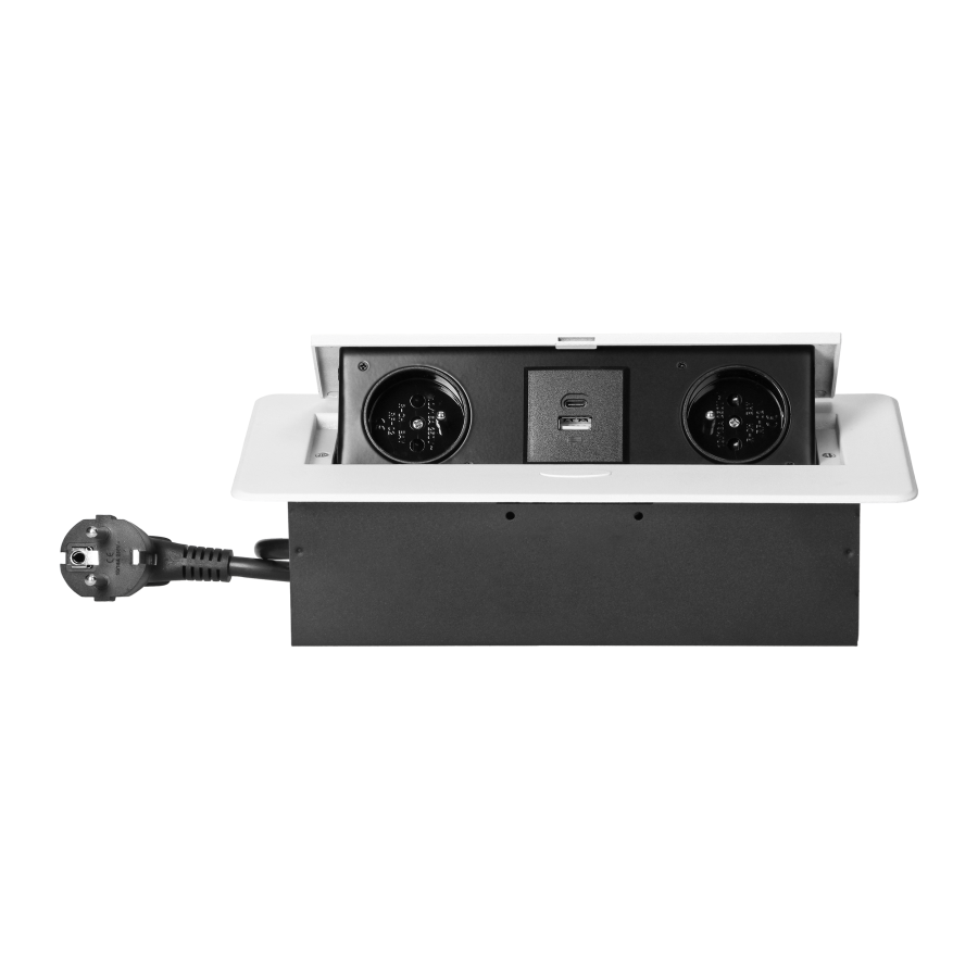 Recessed furniture socket with flat milled edge, USB charger and 1.5m cable, 2x2P+E, 2xUSB (type A+C; 3.6A), white