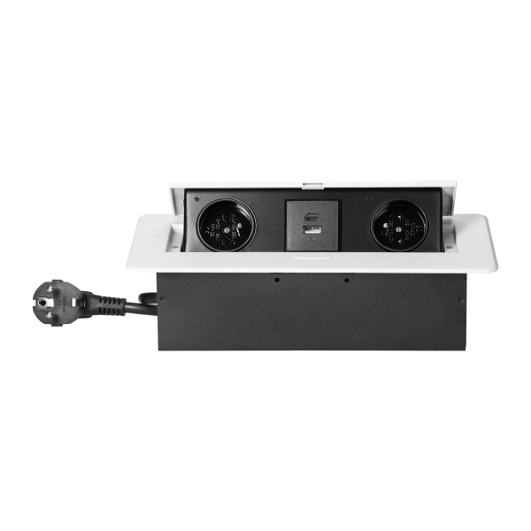 Gniazda meblowe wpuszczane w blat z płaskim frezowanym rantem, ładowarką USB i przewodem 1,5m, 2x2P+Z, 2xUSB (typ A+C; 3,6A), białe