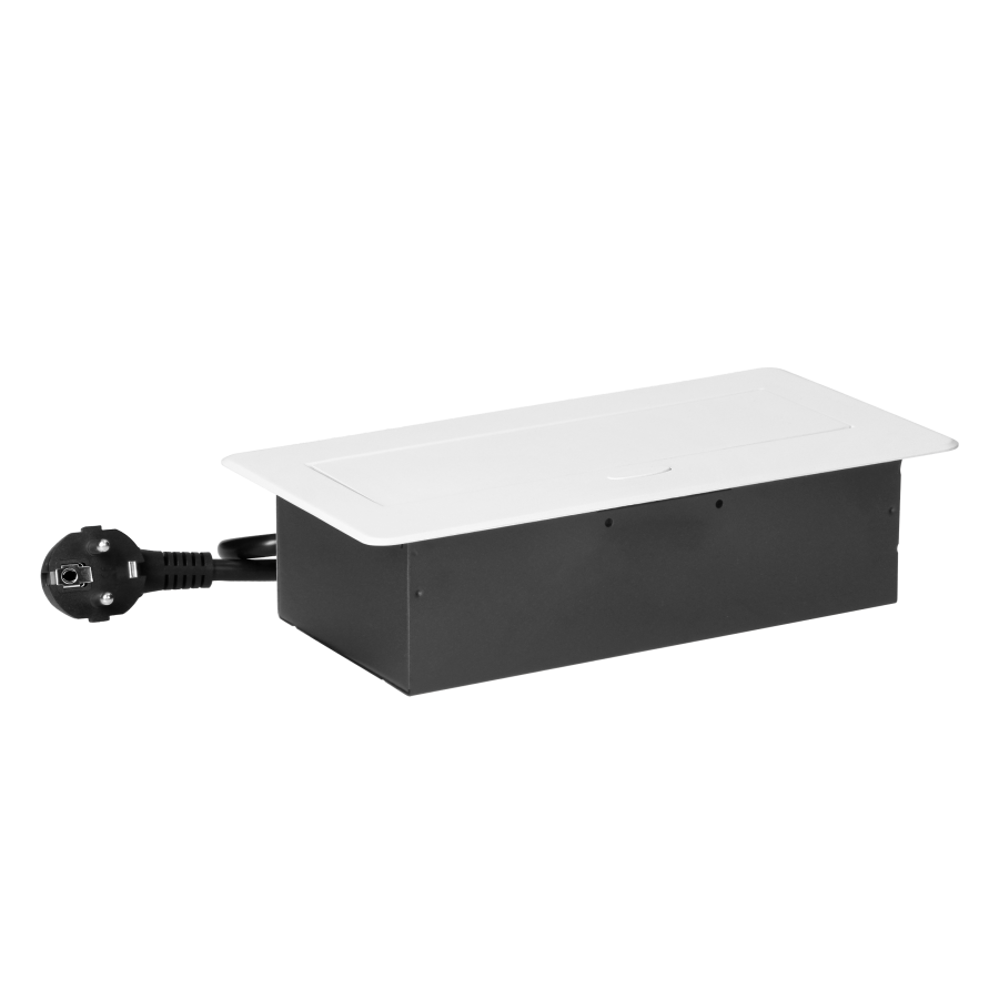 Recessed furniture socket with flat milled edge, USB charger and 1.5m cable, 2x2P+E, 2xUSB (type A+C; 3.6A), white