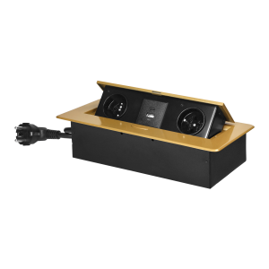 Gniazda meblowe wpuszczane w blat z płaskim frezowanym rantem, ładowarką USB i przewodem 1,5m, 2x2P+Z, 2xUSB (typ A+C; 3,6A), złote