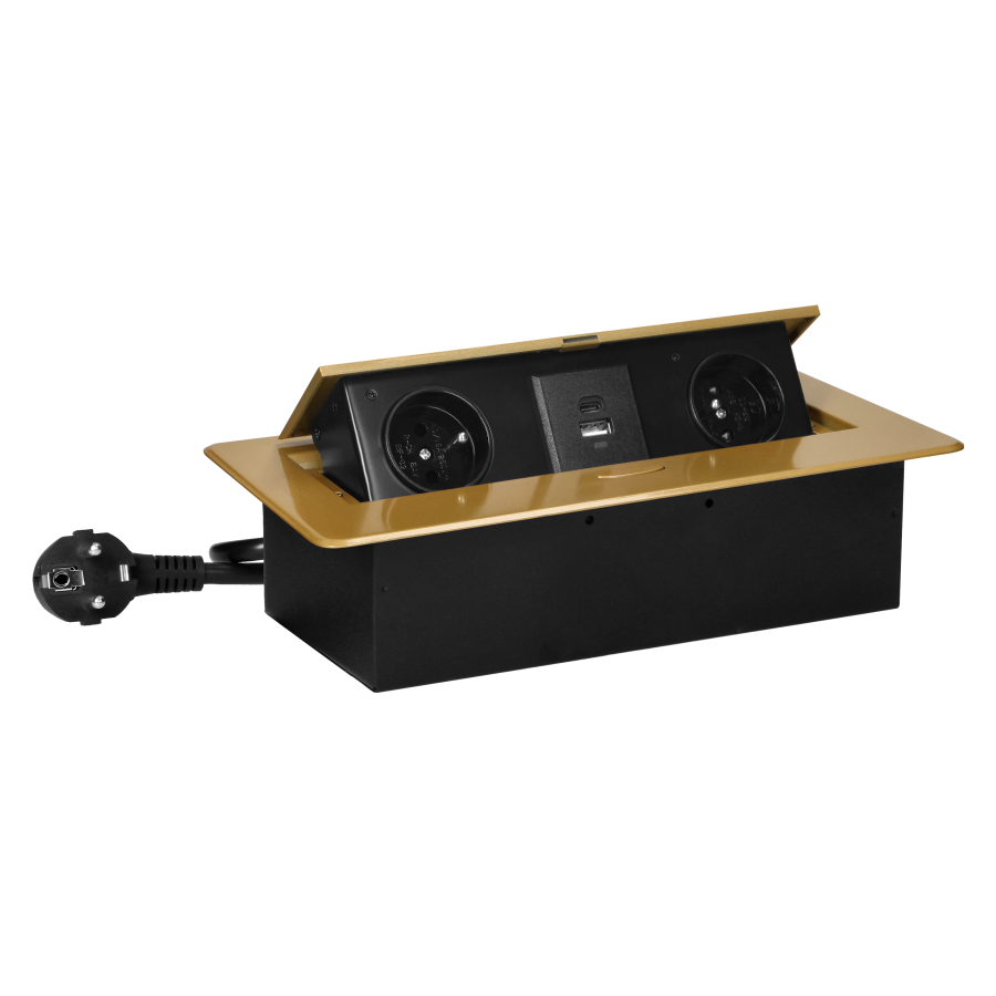 Gniazda meblowe wpuszczane w blat z płaskim frezowanym rantem, ładowarką USB i przewodem 1,5m, 2x2P+Z, 2xUSB (typ A+C; 3,6A), złote