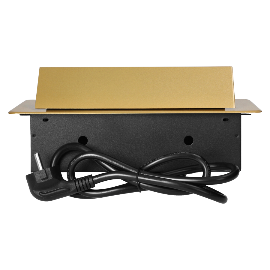 Recessed furniture socket with flat milled edge, USB charger and 1.5m cable, 2x2P+E, 2xUSB (type A+C; 3.6A), gold