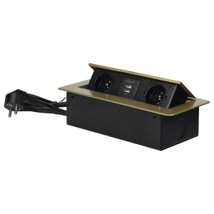 Gniazda meblowe wpuszczane w blat z płaskim frezowanym rantem, ładowarką USB i przewodem 1,5m, 2x2P+Z, 2xUSB, kolor mosiądzu