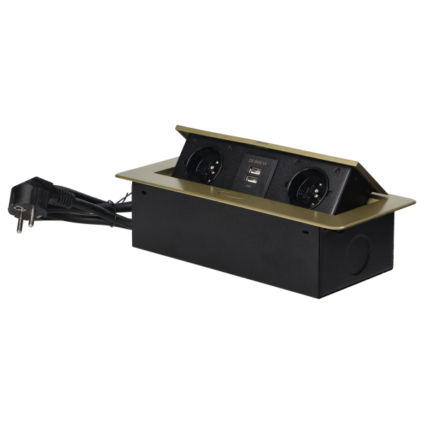 Recessed furniture sockets in a housing with a flat edge, USB charger and 1.5 m cable, 2x2P+E, 2xUSB, brass color