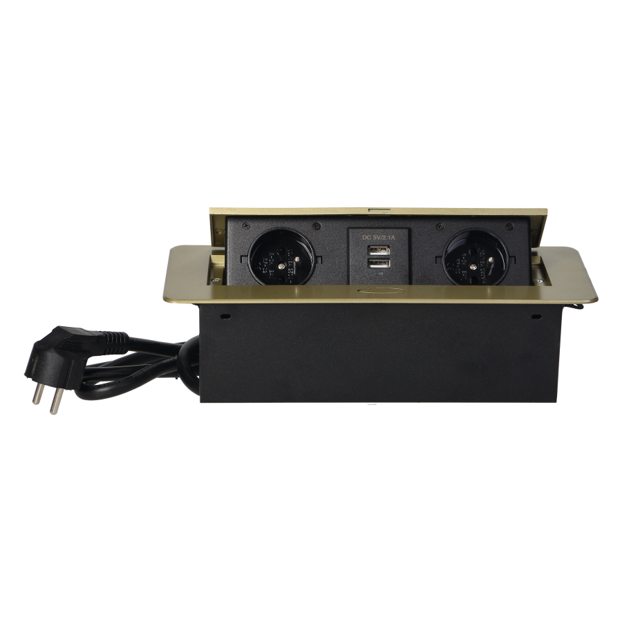 Recessed furniture sockets in a housing with a flat edge, USB charger and 1.5 m cable, 2x2P+E, 2xUSB, brass color