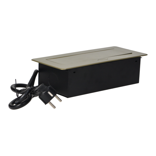 Gniazda meblowe wpuszczane w blat z płaskim frezowanym rantem, ładowarką USB i przewodem 1,5m, 2x2P+Z, 2xUSB, kolor mosiądzu