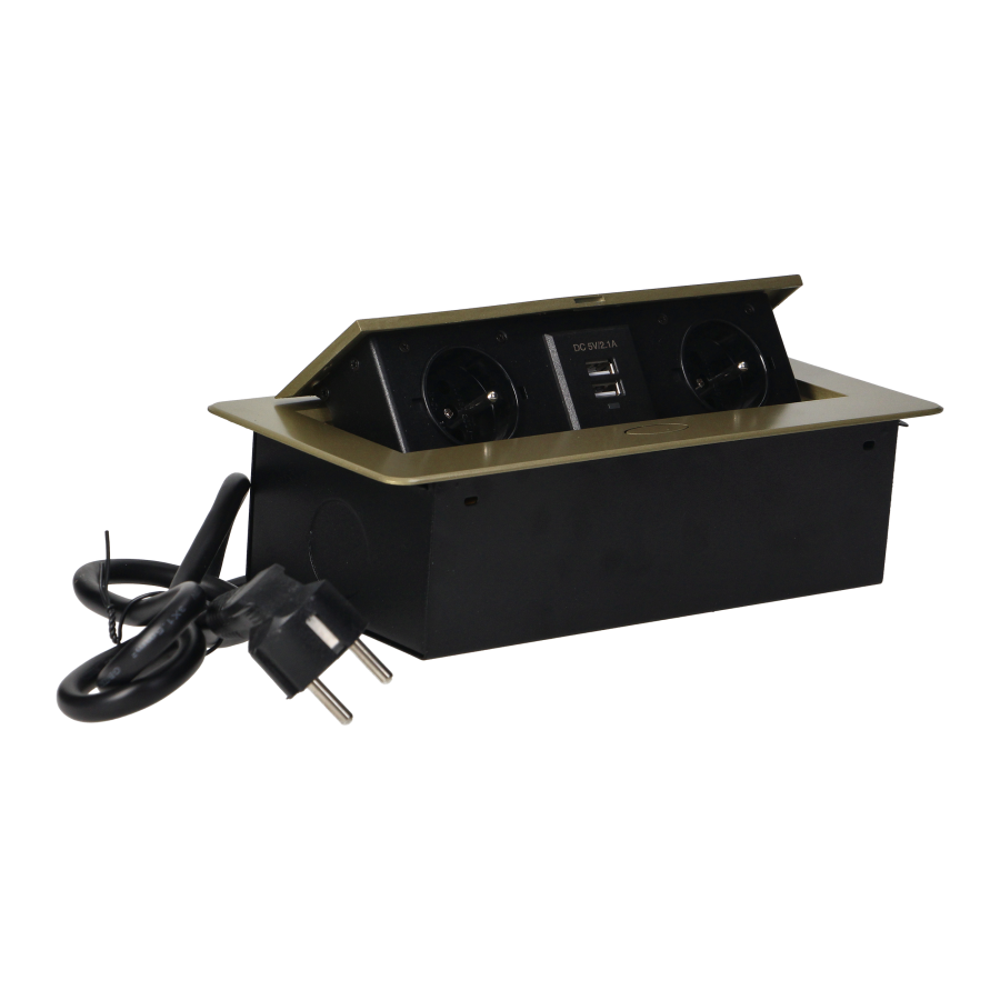 Gniazda meblowe wpuszczane w blat z płaskim frezowanym rantem, ładowarką USB i przewodem 1,5m, 2x2P+Z, 2xUSB, kolor mosiądzu