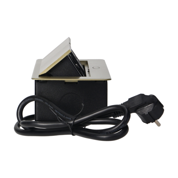 Gniazda meblowe wpuszczane w blat z płaskim frezowanym rantem, ładowarką USB i przewodem 1,5m, 2x2P+Z, 2xUSB, kolor mosiądzu