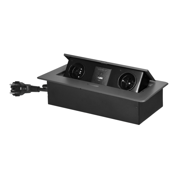 Recessed furniture socket with flat milled edge, USB charger and 1.5m cable, 2x2P+E, 2xUSB (type A+C; 3.6A), graphite Recessed furniture socket with flat milled edge, USB charger and 1.5m cable, 2x2P+E, 2xUSB (type A+C; 3.6A), graphite