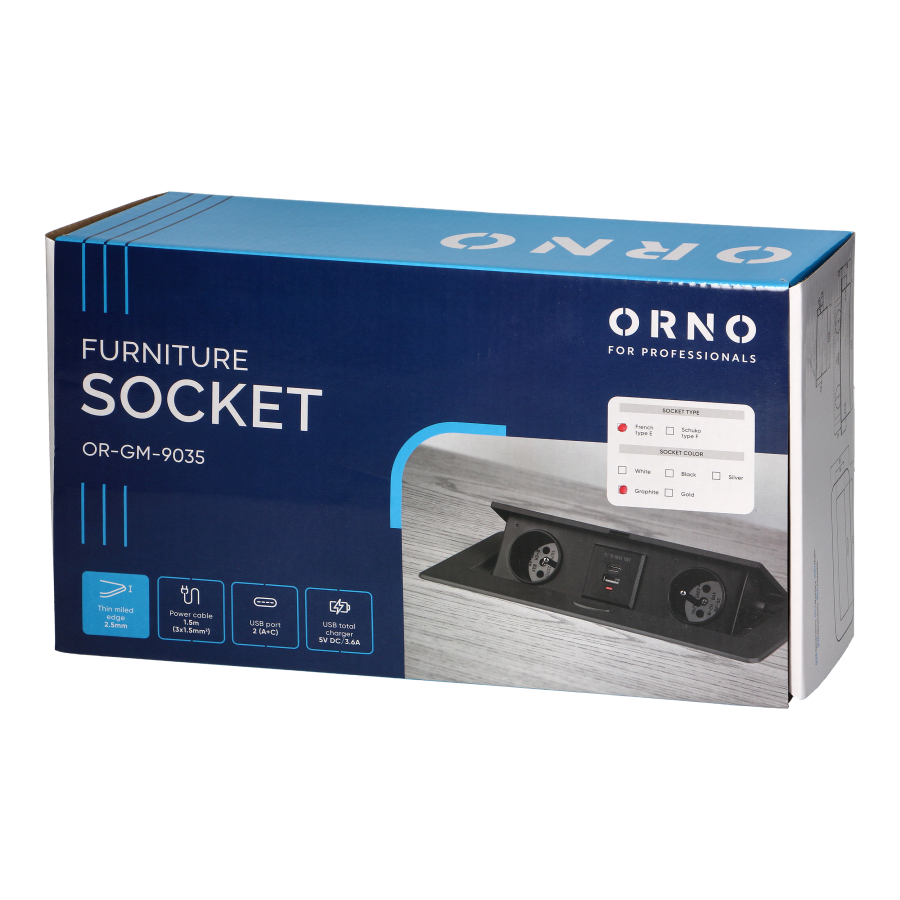 Recessed furniture socket with flat milled edge, USB charger and 1.5m cable, 2x2P+E, 2xUSB (type A+C; 3.6A), graphite