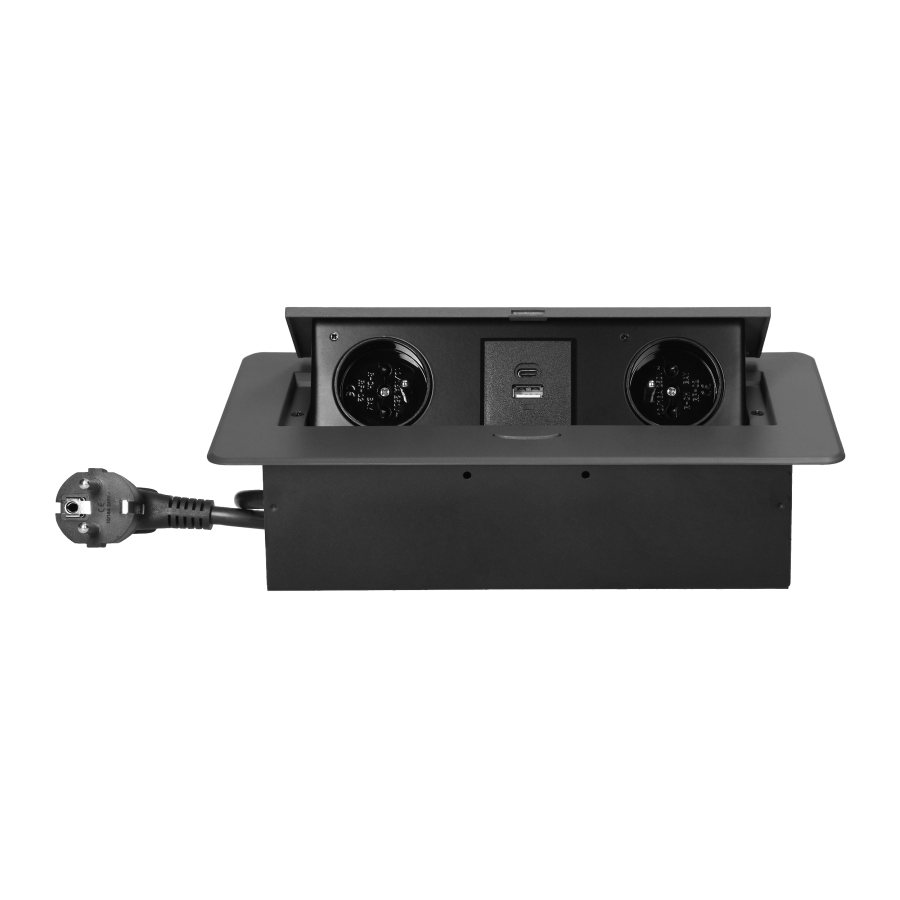 Recessed furniture socket with flat milled edge, USB charger and 1.5m cable, 2x2P+E, 2xUSB (type A+C; 3.6A), graphite