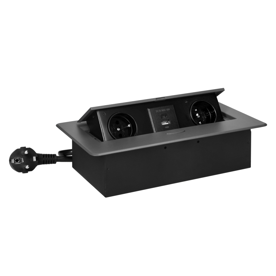 Recessed furniture socket with flat milled edge, USB charger and 1.5m cable, 2x2P+E, 2xUSB (type A+C; 3.6A), graphite