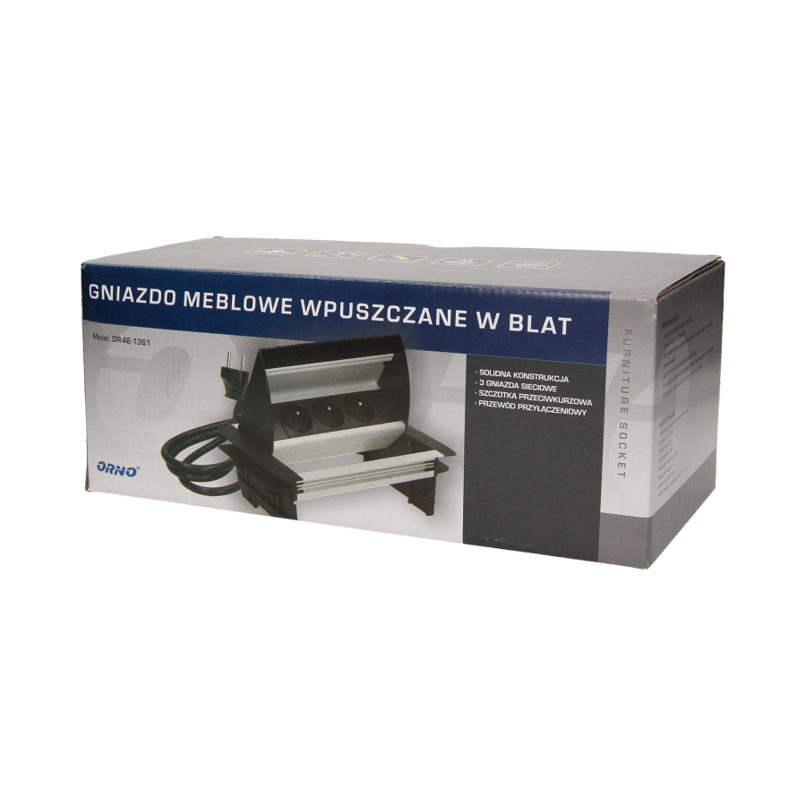 Gniazdo meblowe wpuszczane w blat ze szczotką przeciwkurzową i przewodem 1,8m, 3x2P+Z