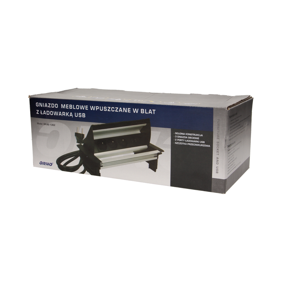 Gniazdo meblowe wpuszczane w blat ze szczotką przeciwkurzową, ładowarką USB i przewodem 1,8m, 3x2P+Z, 2xUSB