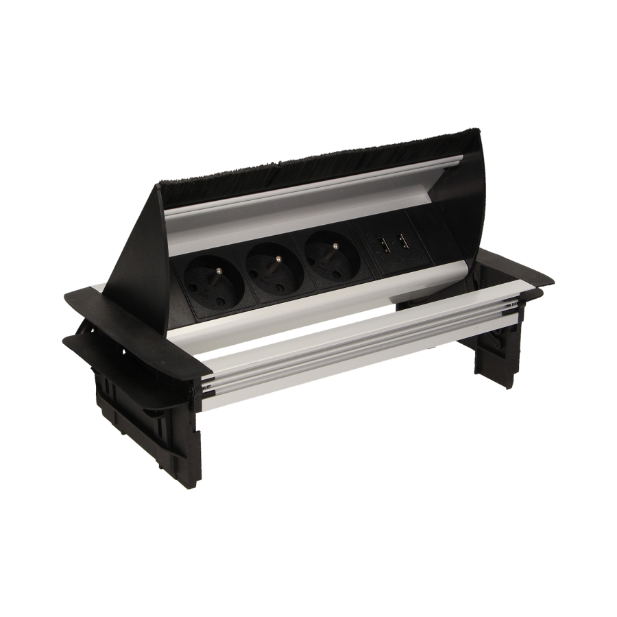 Gniazdo meblowe wpuszczane w blat ze szczotką przeciwkurzową, ładowarką USB i przewodem 1,8m, 3x2P+Z, 2xUSB