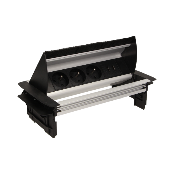 Gniazdo meblowe wpuszczane w blat ze szczotką przeciwkurzową, ładowarką USB i przewodem 1,8m, 3x2P+Z, 2xUSB