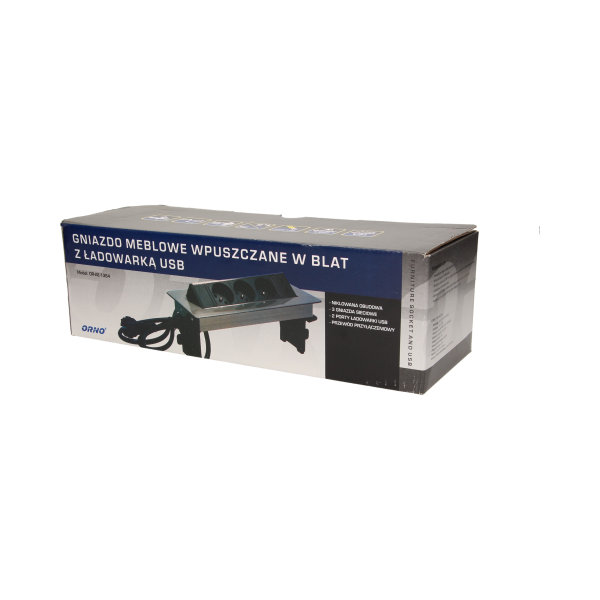 Gniazdo meblowe wpuszczane w blat w niklowanej obudowie z ładowarką USB i przewodem 1,8m, 3x2P+Z, 2xUSB Gniazdo meblowe wpuszczane w blat w niklowanej obudowie z ładowarką USB i przewodem 1,8m, 3x2P+Z, 2xUSB