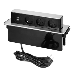 Gniazdo meblowe wysuwane z blatu z płaskim frezowanym rantem, ładowarką USB i przewodem 2m, 3 gniazda typ E, 2 x USB (2,4A), 3x1,5mm², czarno-srebrne, INOX