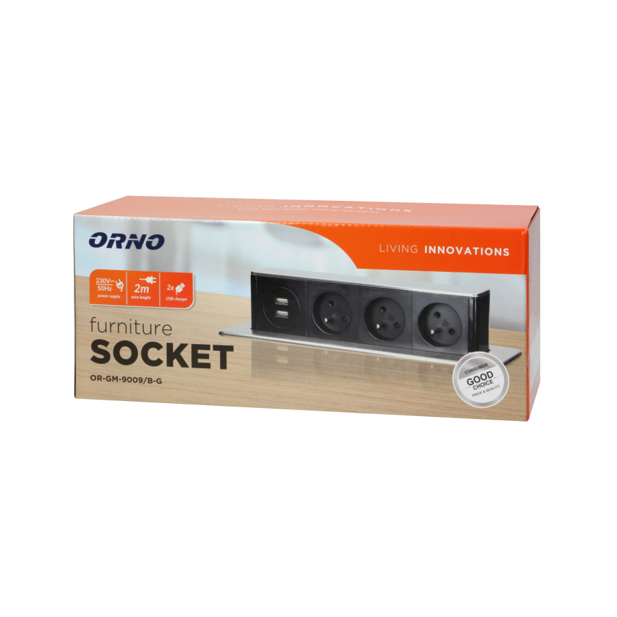 Recessed furniture power box, 3 sockets E type, 2 USB ports, black-silver, INOX