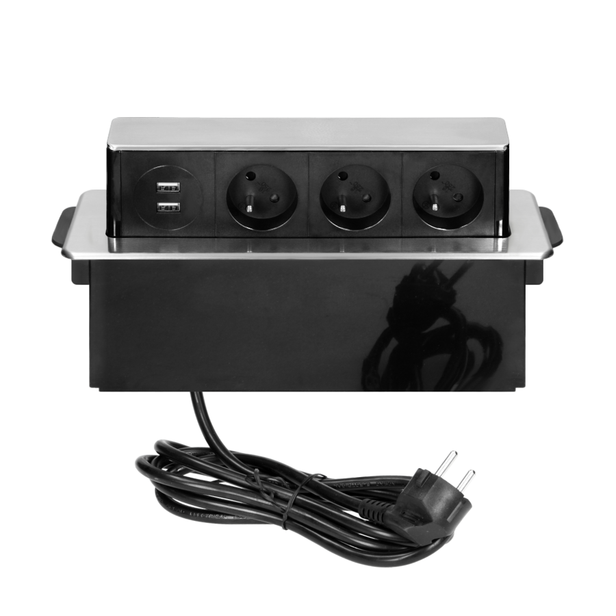 Recessed furniture power box, 3 sockets E type, 2 USB ports, black-silver, INOX