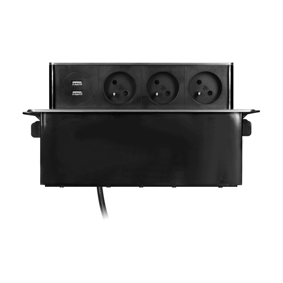 Recessed furniture power box, 3 sockets E type, 2 USB ports, black-silver, INOX